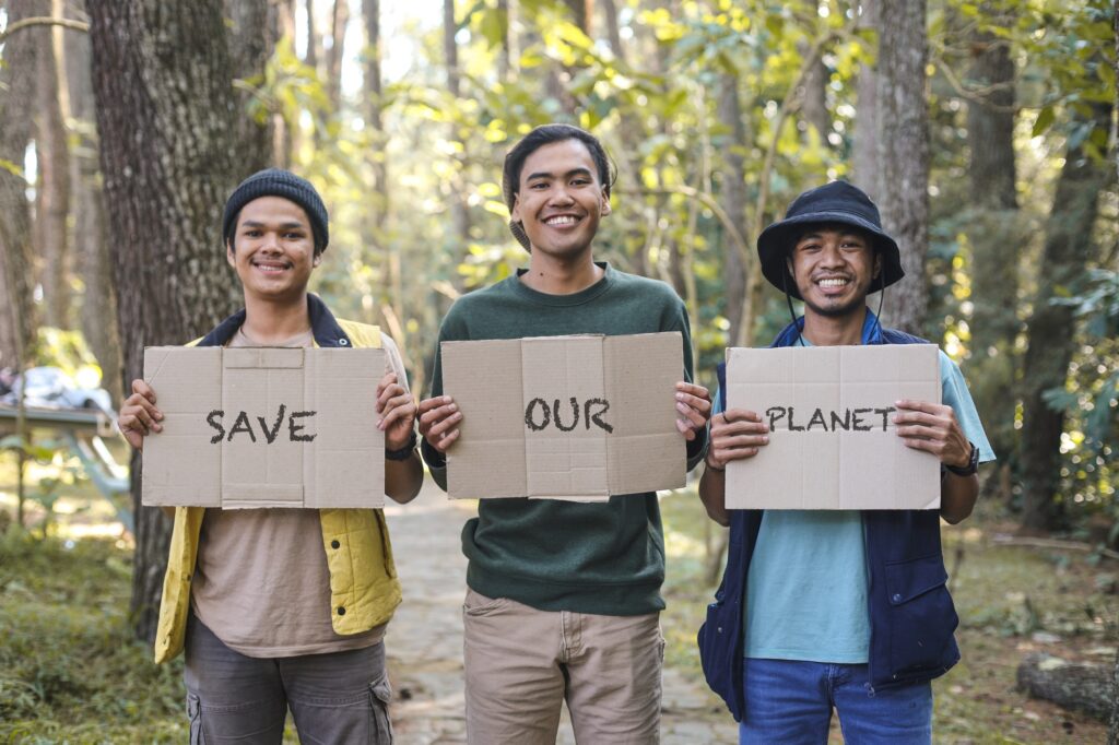 Diverse men with statement for clean and safe nature. Save Our Planet.